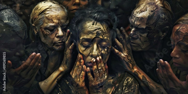 Fototapeta Enduring Solace: A group of mourners, hands clasped in support, their faces etched with gentle sympathy.