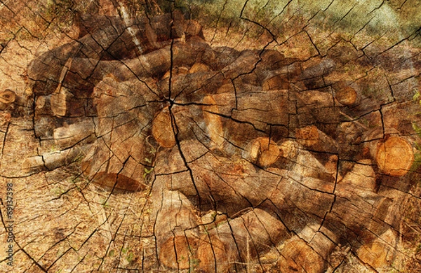 Obraz Double exposure of Timber Logs and Cut tree trunk. nature background.