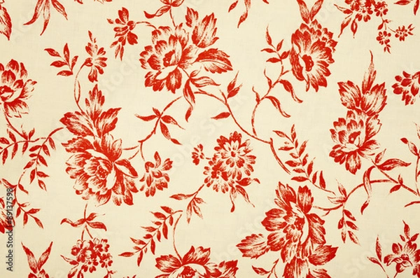 Obraz Floral pattern on white fabric. Graphic red roses print as background.