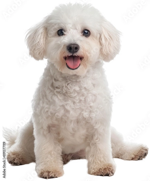 Fototapeta A small, fluffy white dog with curly fur sits happily, panting with its tongue out.
