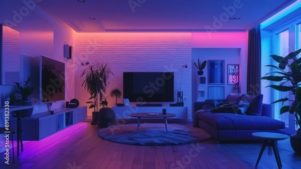 Fototapeta A living room with a blue couch, a white coffee table, and a green plant