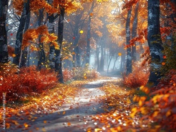 Fototapeta Enchanted Autumn Forest Path - Hyper-realistic 3D Rendering of a Tranquil Pathway Blanketed in Fallen Leaves with Vibrant Foliage and Sunlight Filtering Through Trees