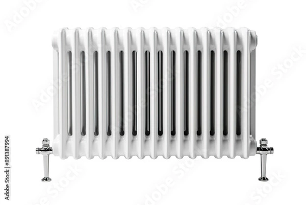 Obraz A Modern White Cast Iron Radiator With Chrome Accents on a Clear PNG or White Background.