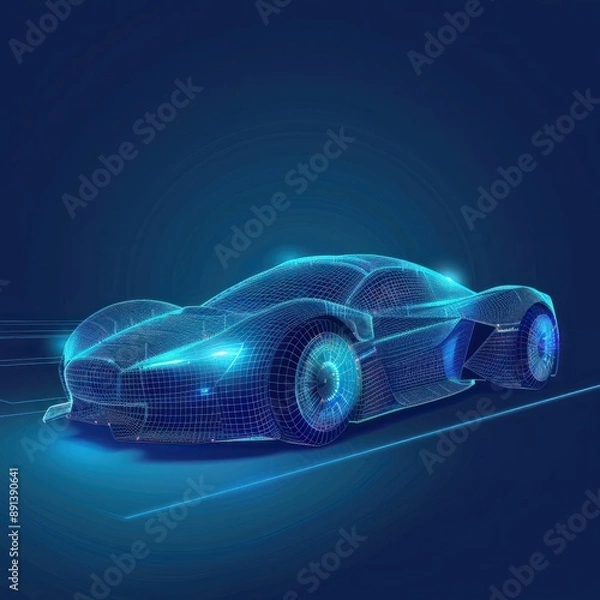 Fototapeta Modern Futuristic car wireframe concept with Augmented reality wireframe intersection on blue background, modern car wireframe concept in futuristic style eye catching. UI design futuristic car. 