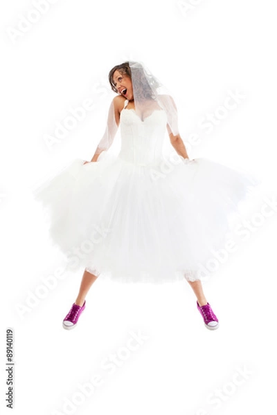 Obraz Jumping bride with sneakers