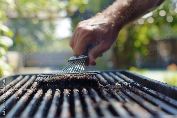 Fototapeta Person cleaning a barbecue grill with a wire brush on a sunny day in a backyard