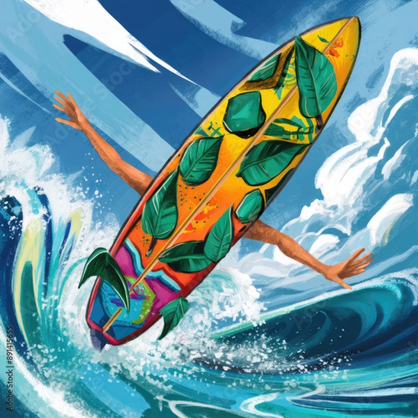 Obraz summer surfing, brightly colored surfboard, by the open ocean, brush drawing.