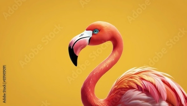 Fototapeta Adorable Animated Flamingo on Yellow Background