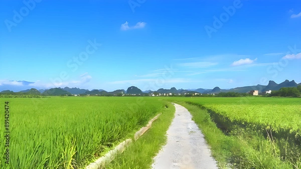 Obraz A serene rural path winding through lush, green fields under a clear blue sky. 