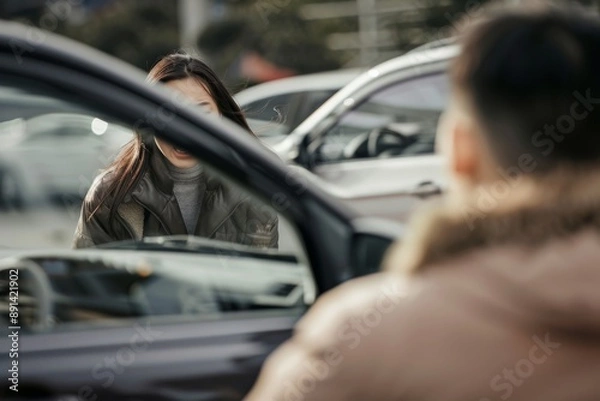 Fototapeta Profile of a middle-aged woman in work clothes driving a truck Image of the transportation and delivery industry, etc.. Beautiful simple AI generated image in 4K, unique.