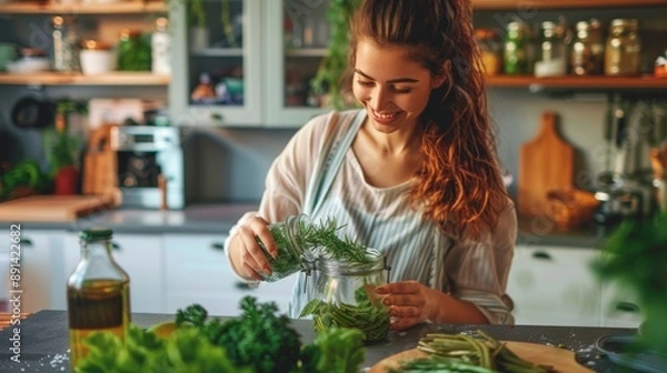 Fototapeta Smiling Woman Preserving Fresh Herbs in a Jar in Bright Modern Kitchen. Generative ai