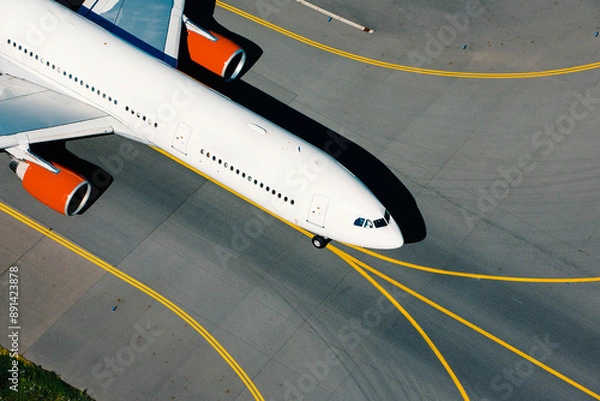 Obraz Aerial view of airplane during taxiing to runway for take off. Traffic at airport on sunny day..