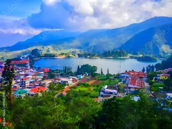 Obraz A breathtaking view of Sarangan Lake, nestled amidst lush green hills and quaint village houses. 