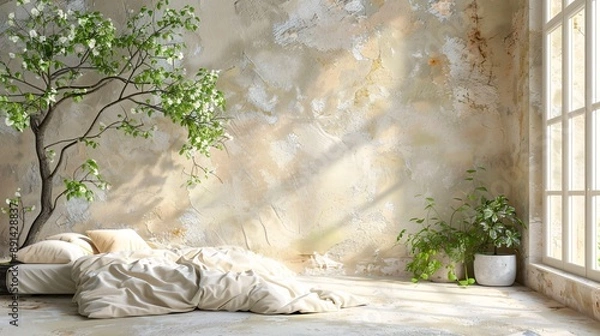 Fototapeta A serene bedroom with a comfortable bed and calming decor Stock Photo with copy space
