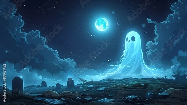 Obraz Apparition appearing in a foggy cemetery under the moonlight perfect for spooky Halloween illustrations and ghostly designs Illustration Flat Color, Clip Art Style , Minimalism,