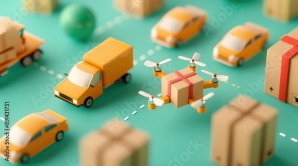 Obraz An aerial view of a distribution center where drones are loading packages onto autonomous vehicles, highlighting the integration of technology in supply chain operations.