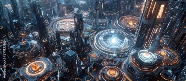Fototapeta Futuristic Cityscape with Glowing Towers and Circular Structures