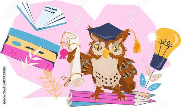 Obraz Back to school concept of banner or poster with cute wise owl, template. Banner for the beginning of the school year and sales advertisement.