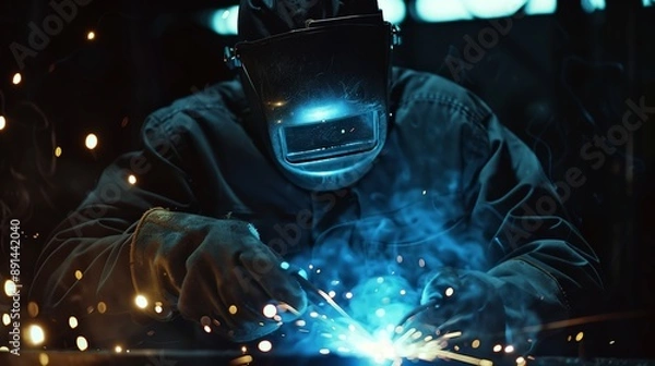 Fototapeta Wired worker welding with blue sparks in dark factory