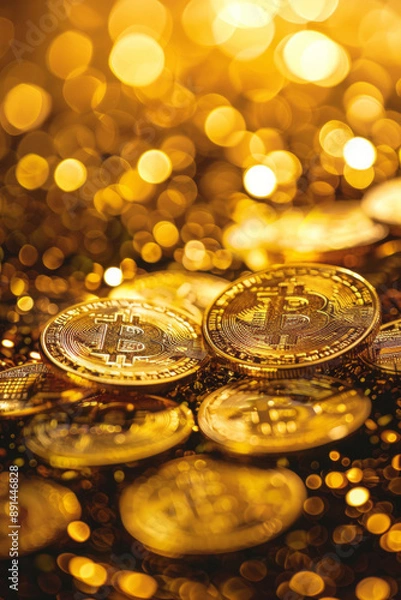 Fototapeta A pile of gold coins with a symbol on top features lighting effects and a bokeh effect, creating depth of field.