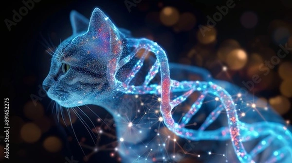 Fototapeta 3D cat made of glowing DNA with blurred lights and stars on dark background, hologram effect with volumetric light in high resolution photography