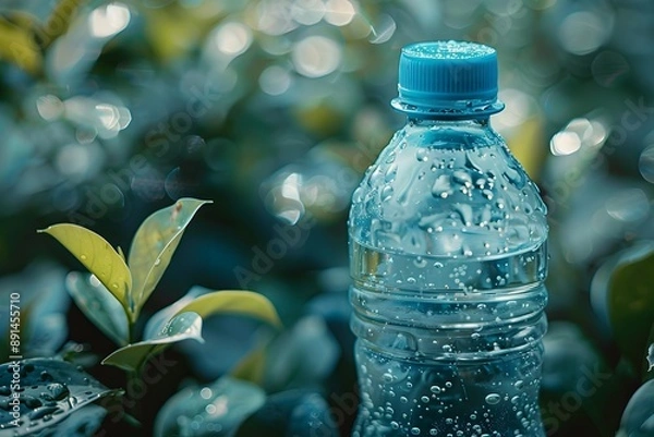 Fototapeta Refreshing Water Bottle Surrounded by Lush Greenery and Dew Drops