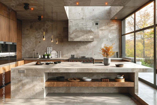 Fototapeta Minimalistic interior of a kitchen with an island, white and grey tiles on the wall, wooden cabinets, a concrete floor, a panoramic window, modern architecture in the style of mockup, aesthetic.