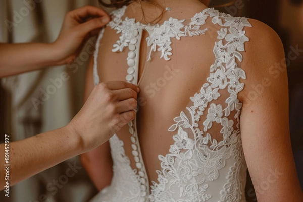 Fototapeta Bride getting gown adjusted with stick clip