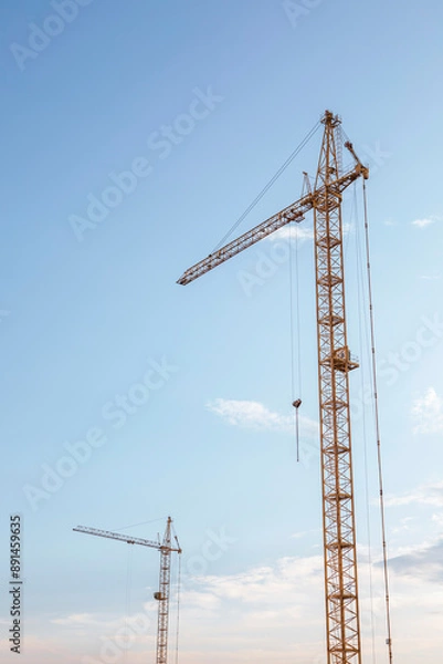 Fototapeta Two tower cranes on the evening blue sky background, vertical photo.