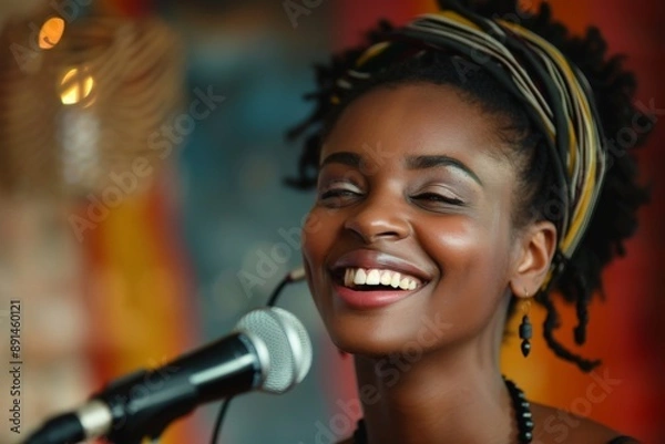 Obraz Black female singer performing with microphone smiling