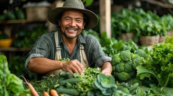 Obraz Picture of a contented farmer in Asia harvesting fresh vegetables in a vibrant garden surrounded by greenery showcasing sustainable agriculture realistic photo, high resolution , Minimalism,