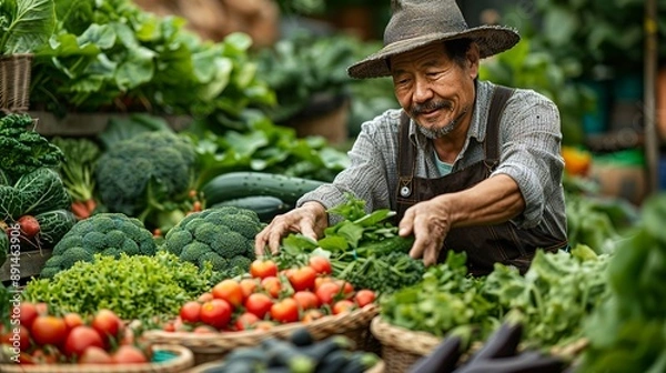 Fototapeta Picture of a contented farmer in Asia harvesting a variety of fresh vegetables in a vibrant garden showcasing organic agriculture practices realistic photo, high resolution , Minimalism,