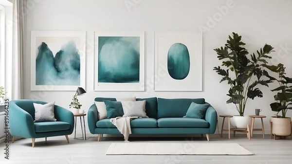 Fototapeta Three frames and a teal loveseat on a white wall. Scandinavian interior design for homes