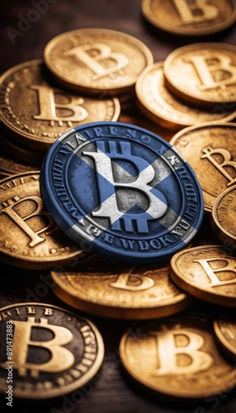Fototapeta Multiple Bitcoin coins with a prominent one overlaid with the Scotland flag, highlighting involvement in the cryptocurrency market.