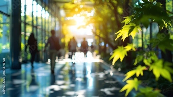 Fototapeta Blurred background of people walking in a modern office building with green trees and sunlight , eco friendly and ecological responsible business concept image