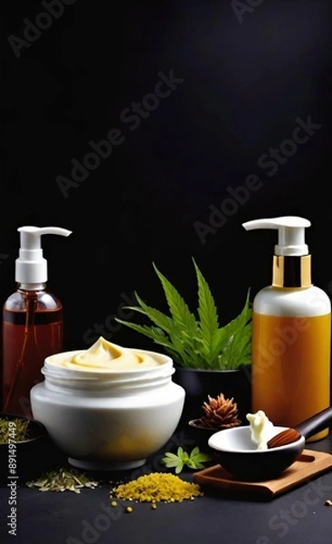 Obraz Elegant look herbal cream, shampoo and cosmatics items on a table in a dark background. This image is ai generated