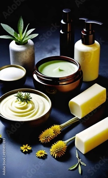 Obraz Elegant look herbal cream, shampoo and cosmatics items on a table in a dark background. This image is ai generated