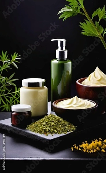 Obraz Elegant look herbal cream, shampoo and cosmatics items on a table in a dark background. This image is ai generated