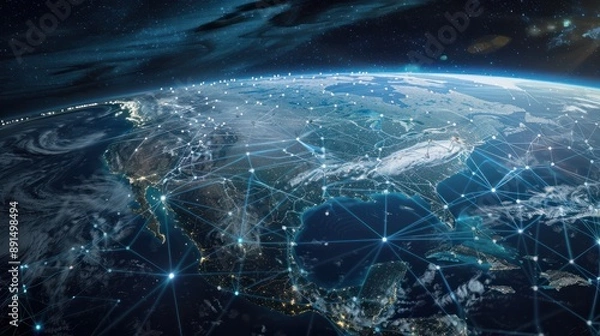Fototapeta Orbital Networks, Satellites in low Earth orbit casting shadows over a map of North America, modern communication networks.