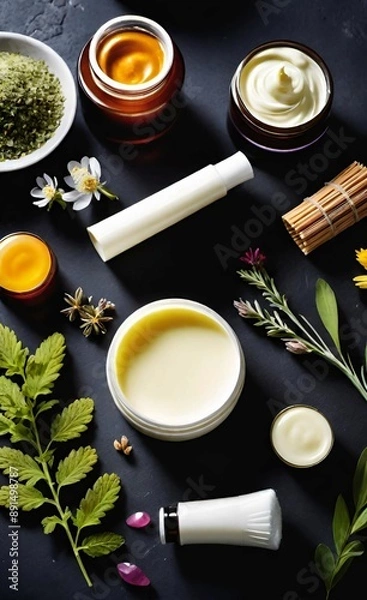 Obraz Elegant look herbal cream, shampoo and cosmatics items on a table in a dark background. This image is ai generated