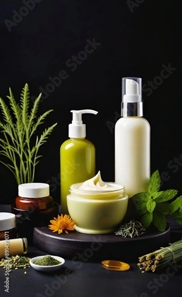 Obraz Elegant look herbal cream, shampoo and cosmatics items on a table in a dark background. This image is ai generated