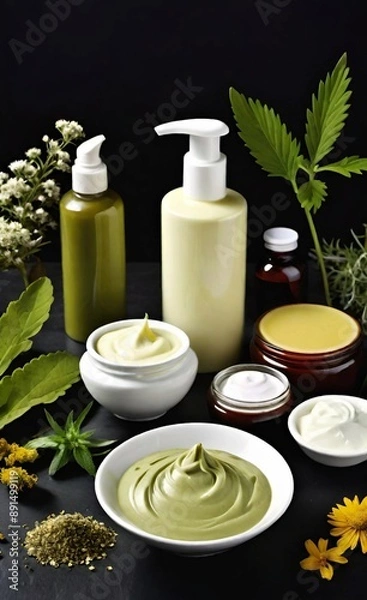 Obraz Elegant look herbal cream, shampoo and cosmatics items on a table in a dark background. This image is ai generated