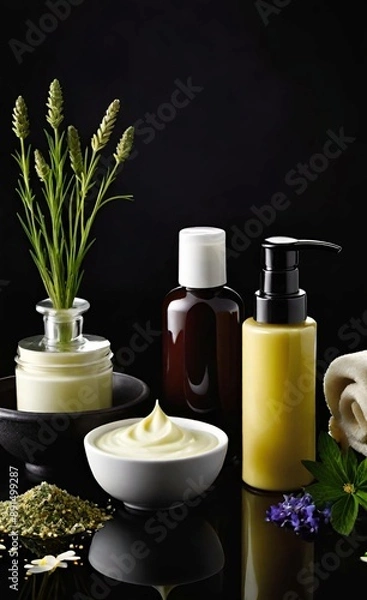 Obraz Elegant look herbal cream, shampoo and cosmatics items on a table in a dark background. This image is ai generated