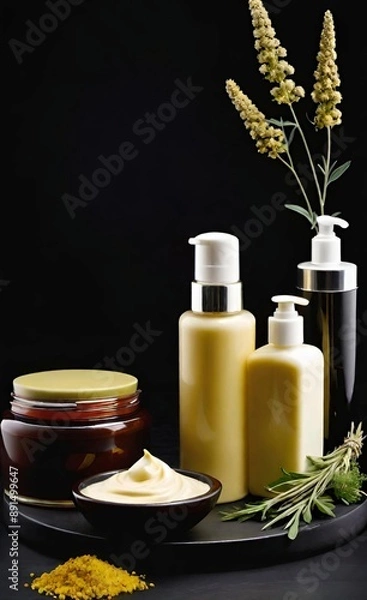 Obraz Elegant look herbal cream, shampoo and cosmatics items on a table in a dark background. This image is ai generated