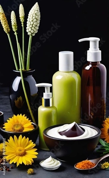 Obraz Elegant look herbal cream, shampoo and cosmatics items on a table in a dark background. This image is ai generated
