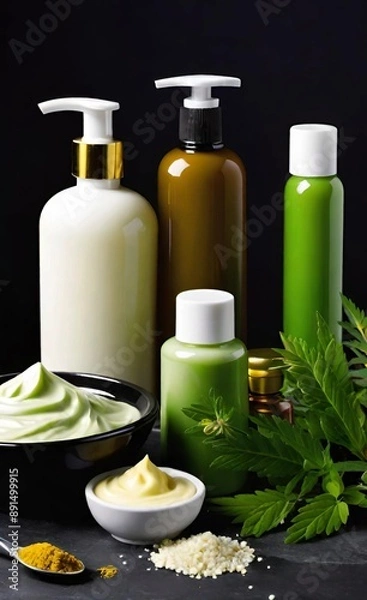 Obraz Elegant look herbal cream, shampoo and cosmatics items on a table in a dark background. This image is ai generated
