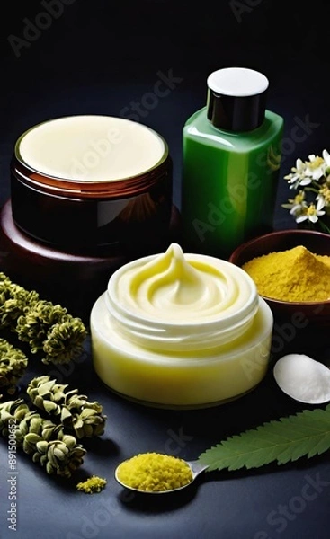 Obraz Elegant look herbal cream, shampoo and cosmatics items on a table in a dark background. This image is ai generated