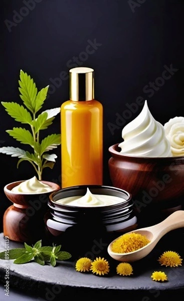 Obraz Elegant look herbal cream, shampoo and cosmatics items on a table in a dark background. This image is ai generated