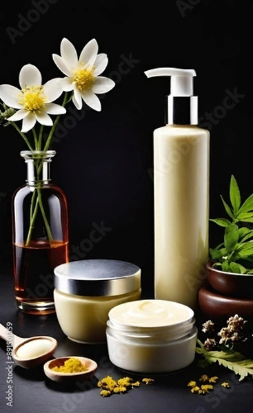 Obraz Elegant look herbal cream, shampoo and cosmatics items on a table in a dark background. This image is ai generated