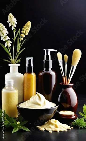 Obraz Elegant look herbal cream, shampoo and cosmatics items on a table in a dark background. This image is ai generated